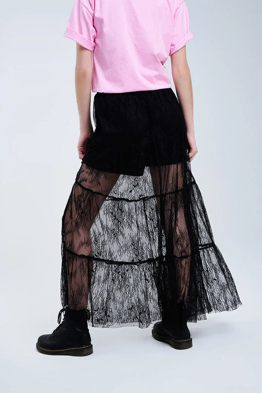 Jupe longue en dentelle noire à imprimé floral - Jupes