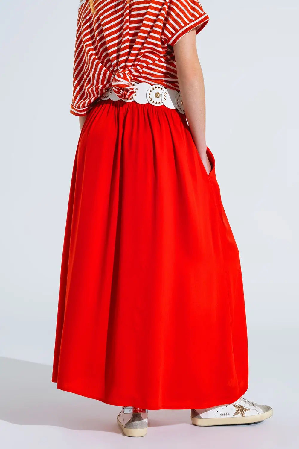 Jupe longue en tissu fluide rouge avec taille élastique - Jupes