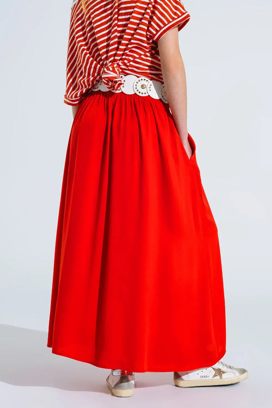 Jupe longue en tissu fluide rouge avec taille élastique - Jupes