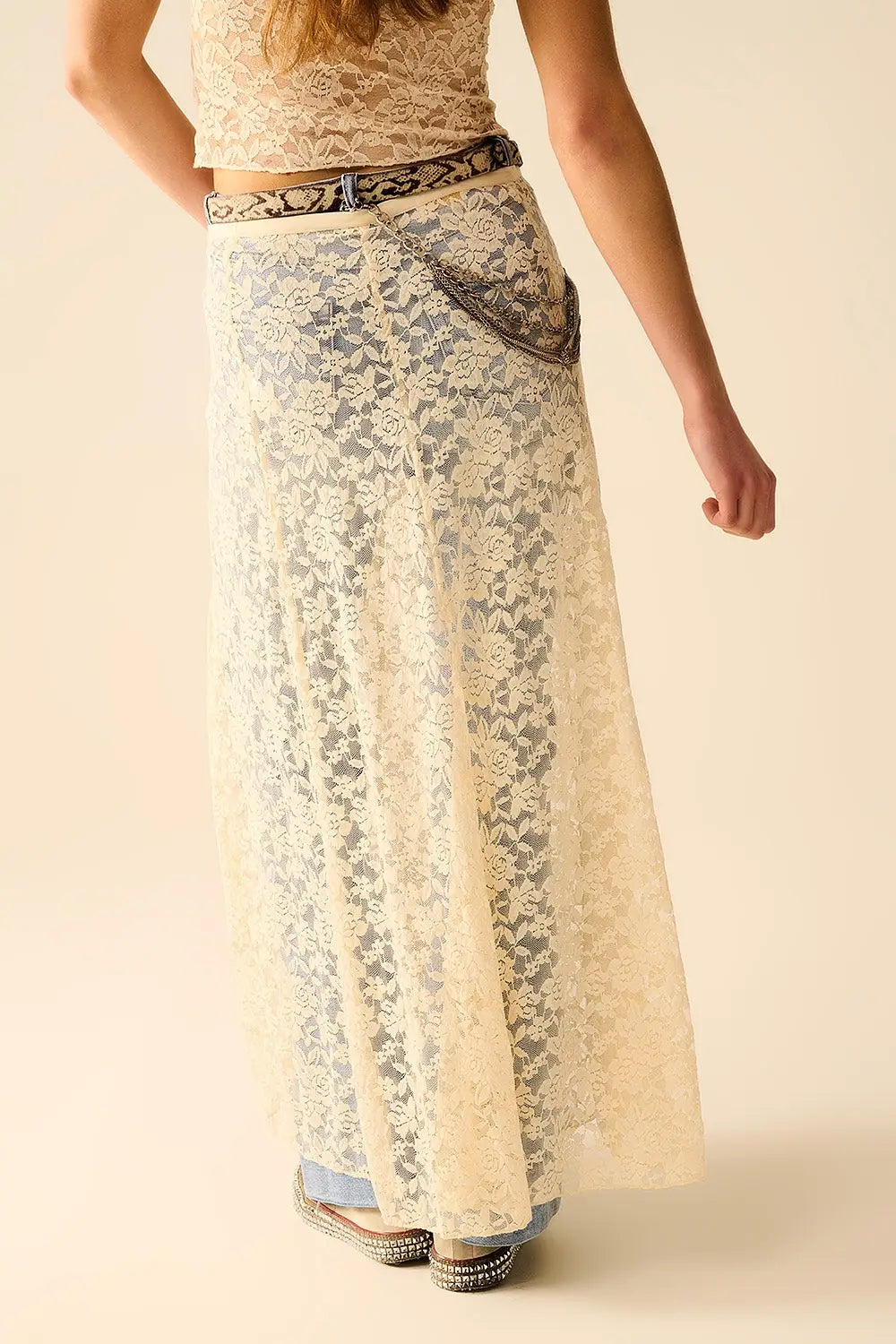 Jupe maxi en dentelle beige avec motif floral - Jupes