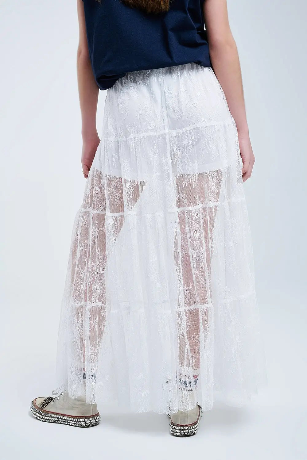 jupe maxi en dentelle blanche à imprimé floral - Jupes