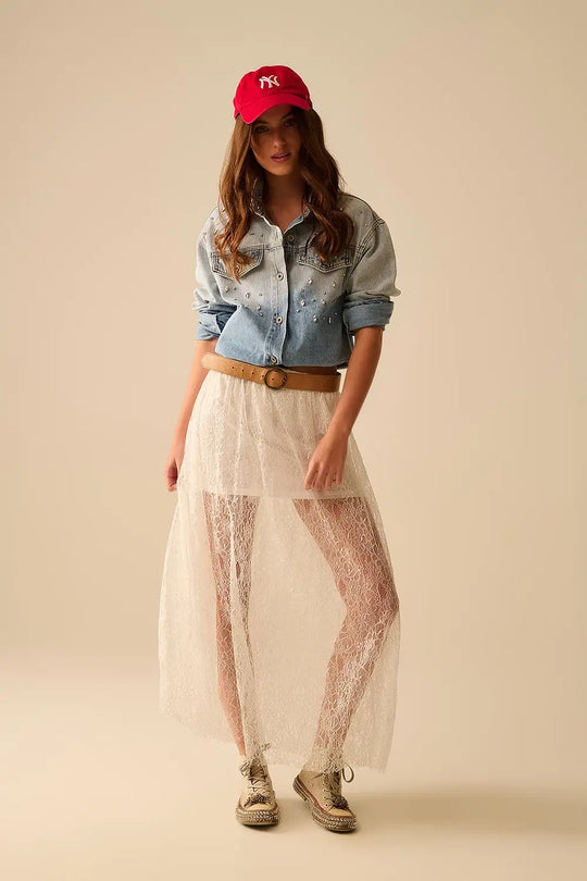 Jupe maxi en dentelle blanche avec détails en paillettes - Jupes