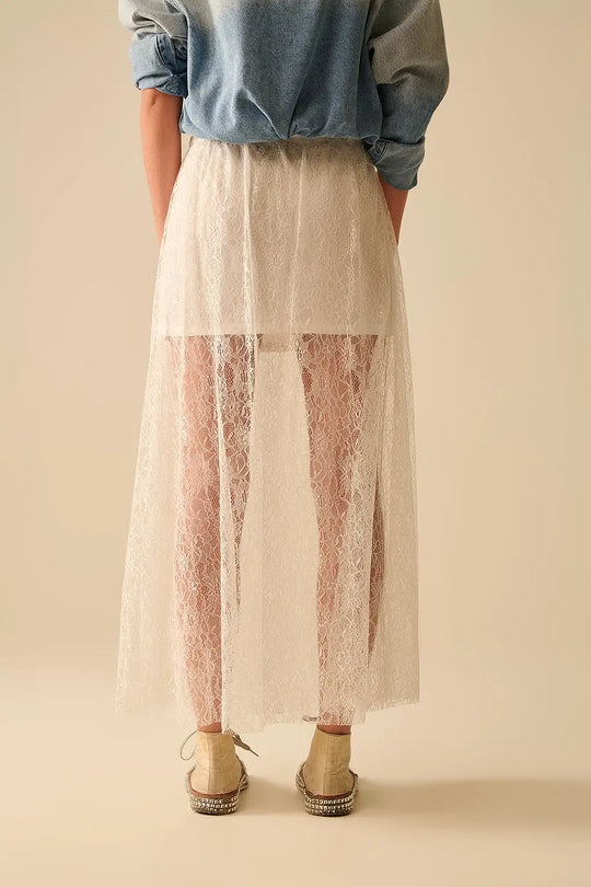 Jupe maxi en dentelle blanche avec détails en paillettes - Jupes