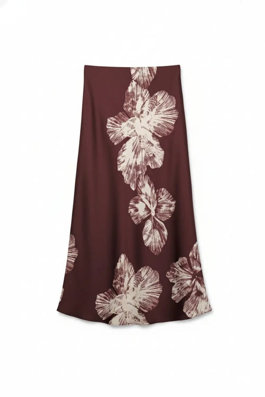Jupe midi en satin bordeaux à motif floral - Jupes