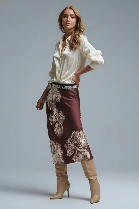 Jupe midi en satin bordeaux à motif floral - Jupes