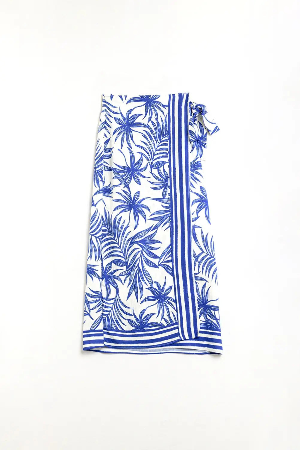 Q2 Jupe midi en tissu léger avec motifs tropicaux en bleu et blanc