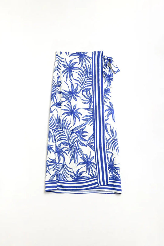 Q2 Jupe midi en tissu léger avec motifs tropicaux en bleu et blanc