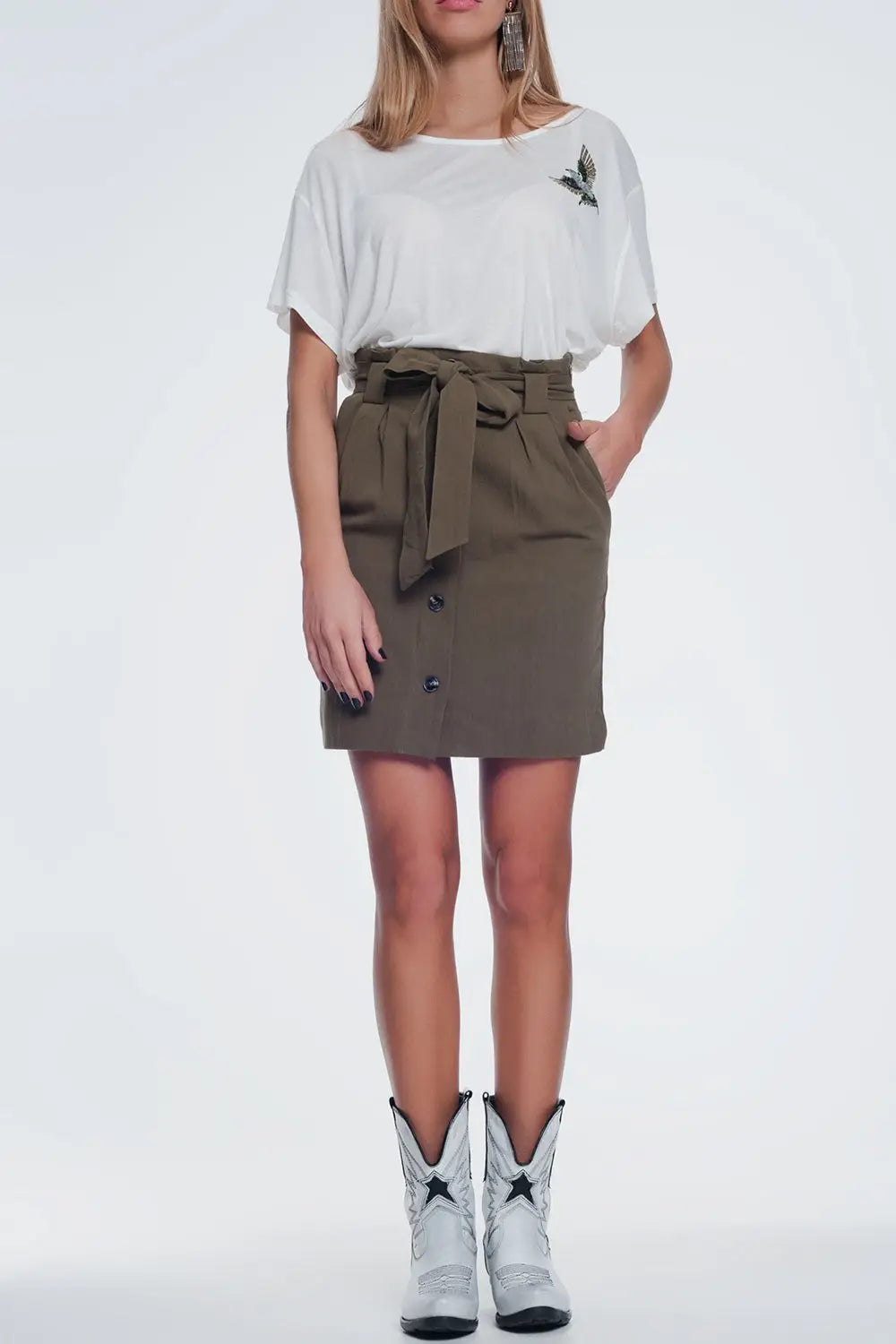 Q2 Jupe Mini longue boutonnée devant kaki
