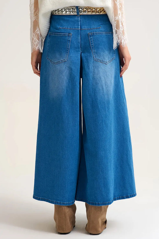 Jupe pantalon en denim à jambe extra-large avec plis sur le devant - Pantalons