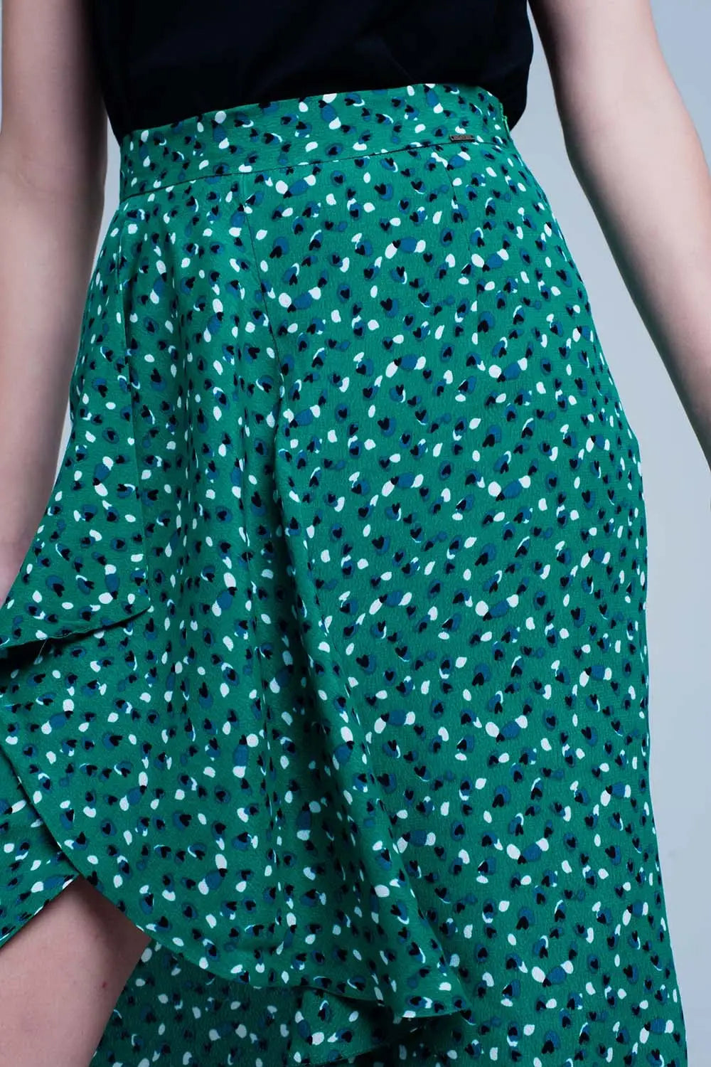 Jupe vert mi-longue avec volants et motif à pois - Jupes