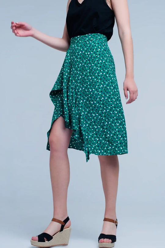 Jupe vert mi-longue avec volants et motif à pois - Jupes