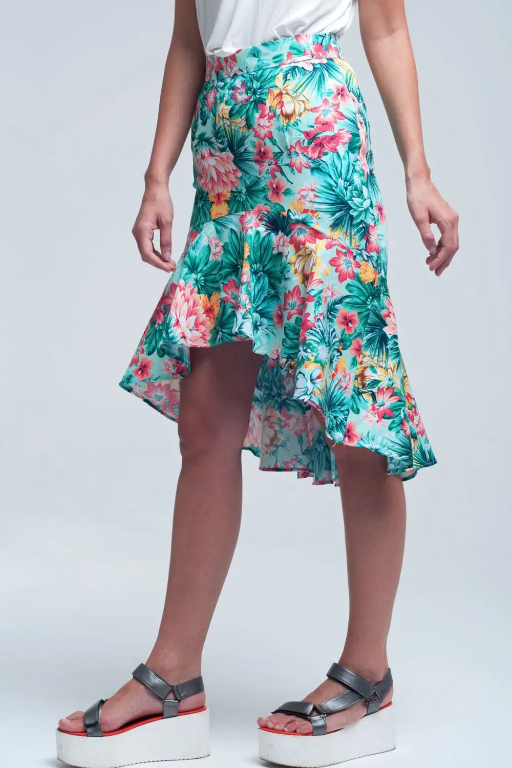 Jupe verte asymétrique imprimé floral - Jupes