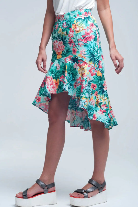 Jupe verte asymétrique imprimé floral - Jupes