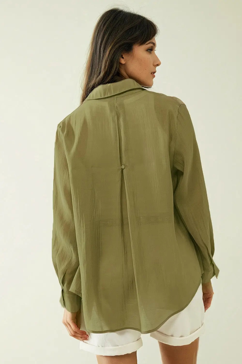 Kahki chiffon shirt with long sleeves and one chest pocket - Shirts