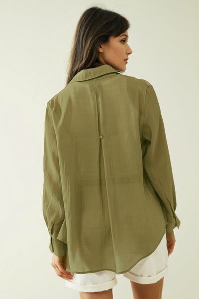 Kahki chiffon shirt with long sleeves and one chest pocket