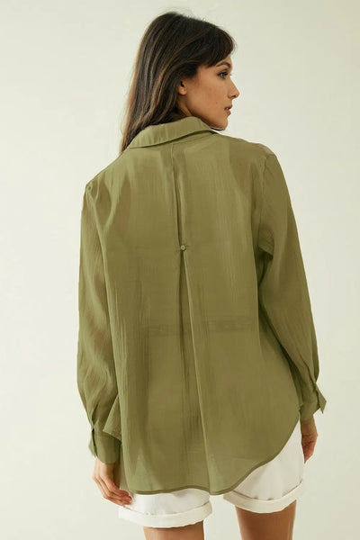 Kahki chiffon shirt with long sleeves and one chest pocket - Shirts