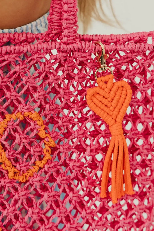 Heart Macrame Bag Charm Key Chain - Orange - Bag Accessories