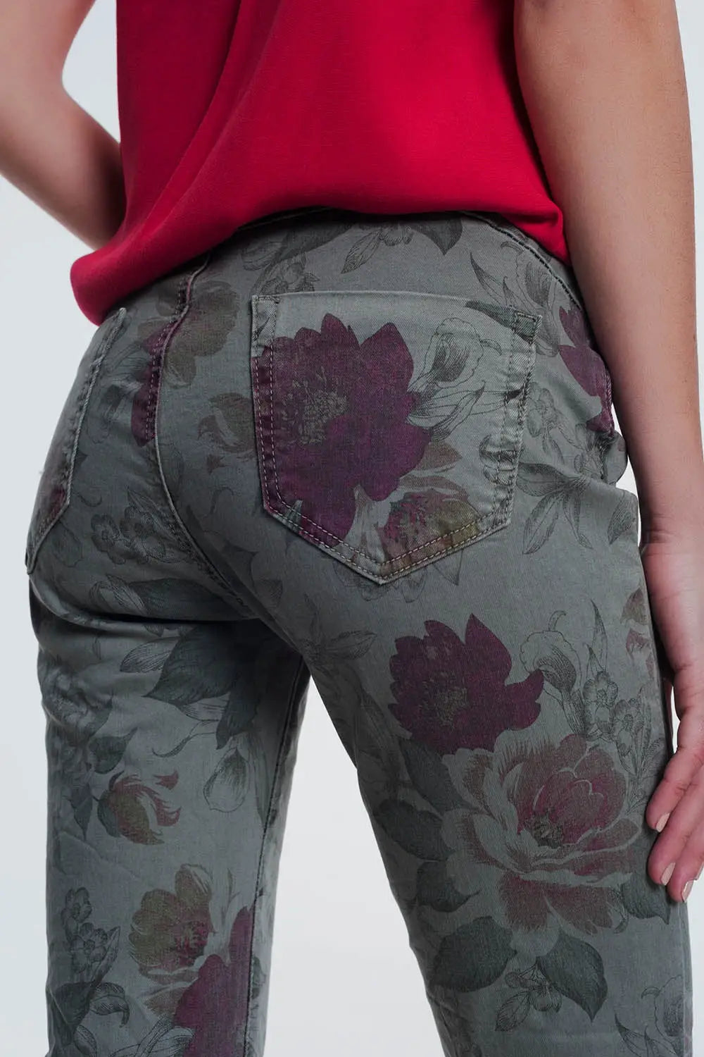 khaki boyfriend jeans with floral print - Jeans