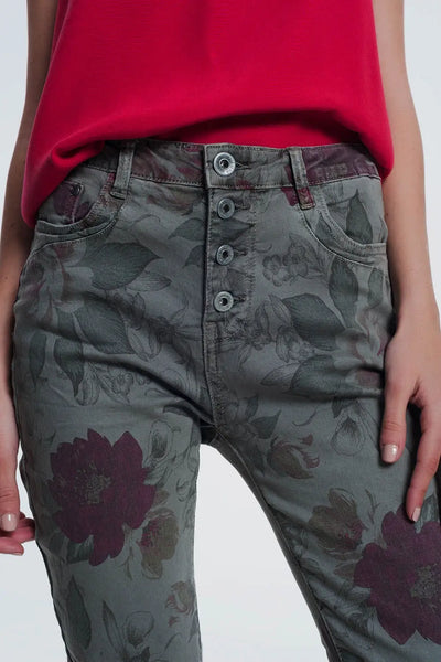 khaki boyfriend jeans with floral print - Jeans
