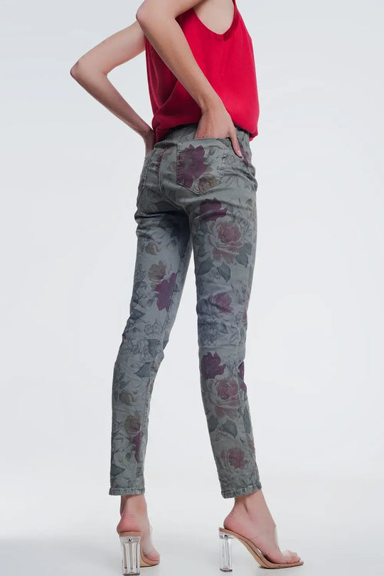 khaki boyfriend jeans with floral print - Jeans