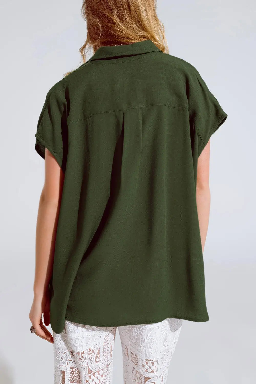 Khaki Button Up Blouse With Polo Collar - Shirts