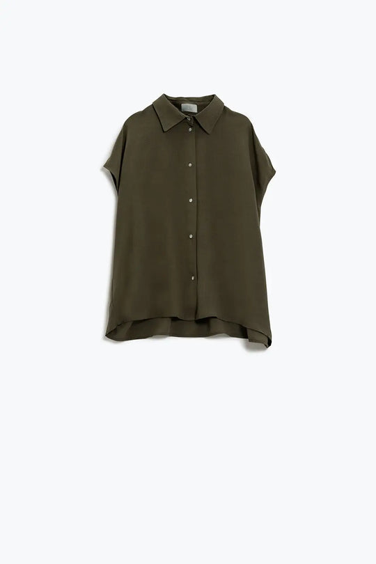 Khaki Button Up Blouse With Polo Collar - Shirts