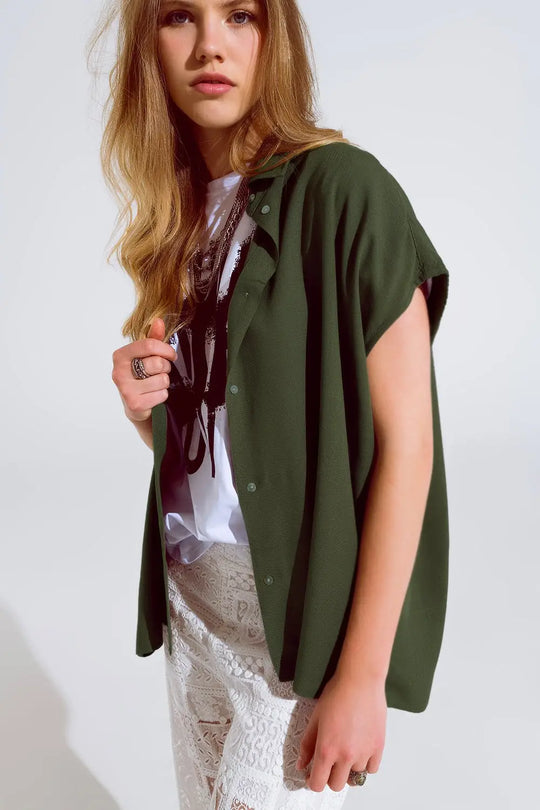 Khaki Button Up Blouse With Polo Collar - Shirts
