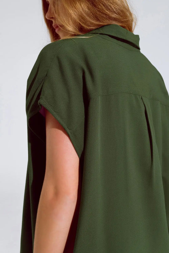 Khaki Button Up Blouse With Polo Collar - Shirts