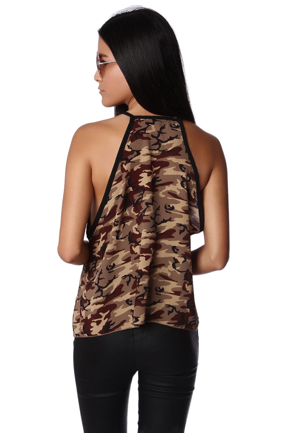 Khaki camo print dip hem top