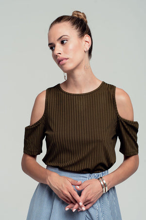 Q2 Khaki cold shoulder top