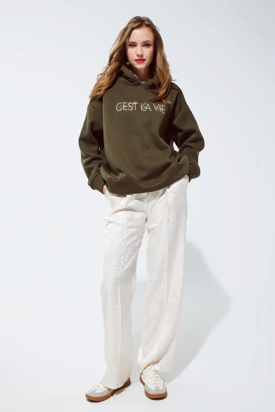 Khaki color hoodie with embroidered Cest La Vie text - One Size / Green - Sweaters