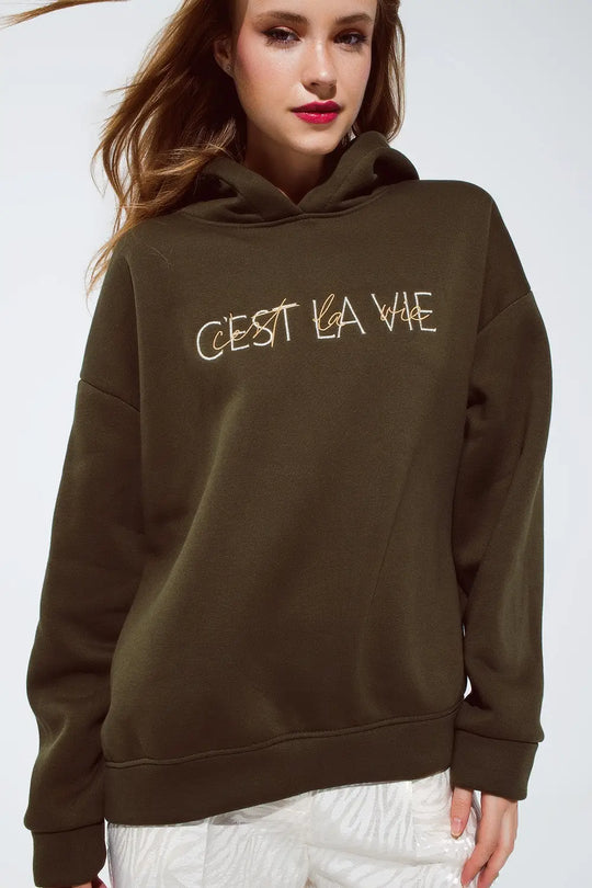Khaki color hoodie with embroidered Cest La Vie text - One Size / Green - Sweaters