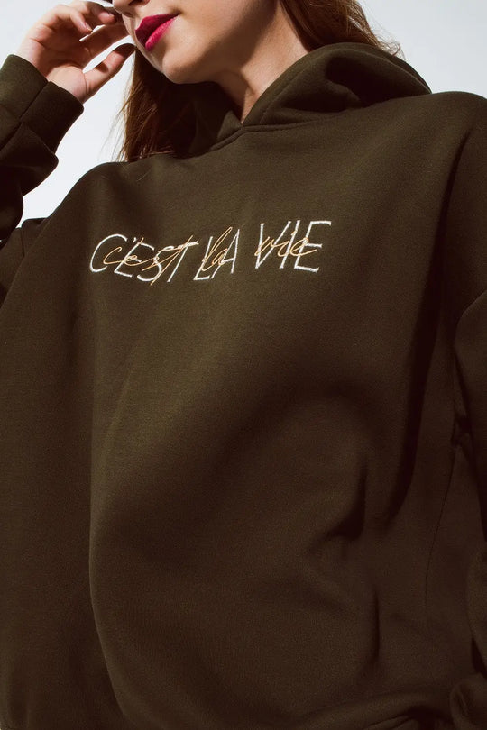 Khaki color hoodie with embroidered Cest La Vie text - One Size / Green - Sweaters