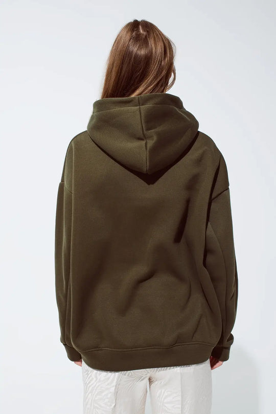 Khaki color hoodie with embroidered Cest La Vie text - One Size / Green - Sweaters