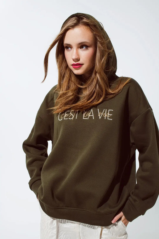 Khaki color hoodie with embroidered Cest La Vie text - One Size / Green - Sweaters