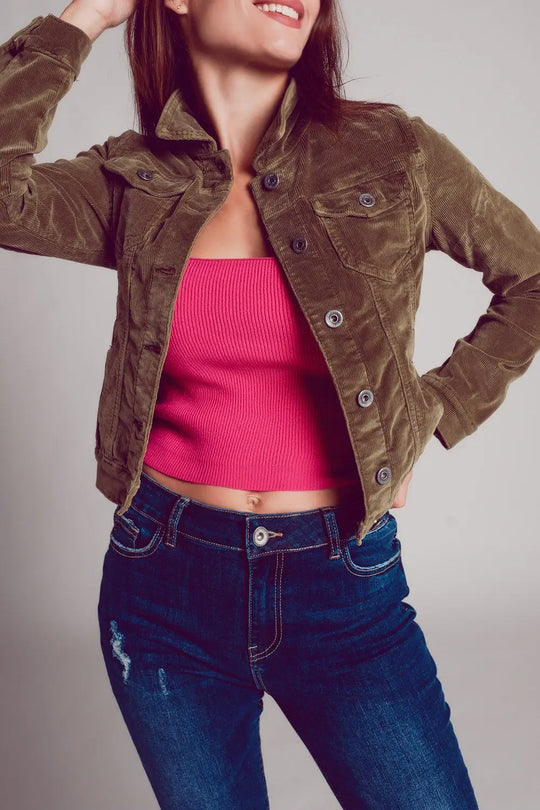 Khaki cropped cord jacket - Coats and Jackets