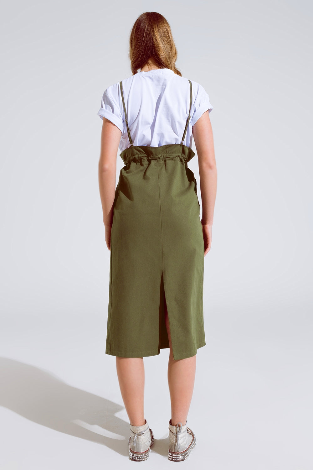 Khaki Denim Overall Dress With Chest Pocket and Drawstring Waist