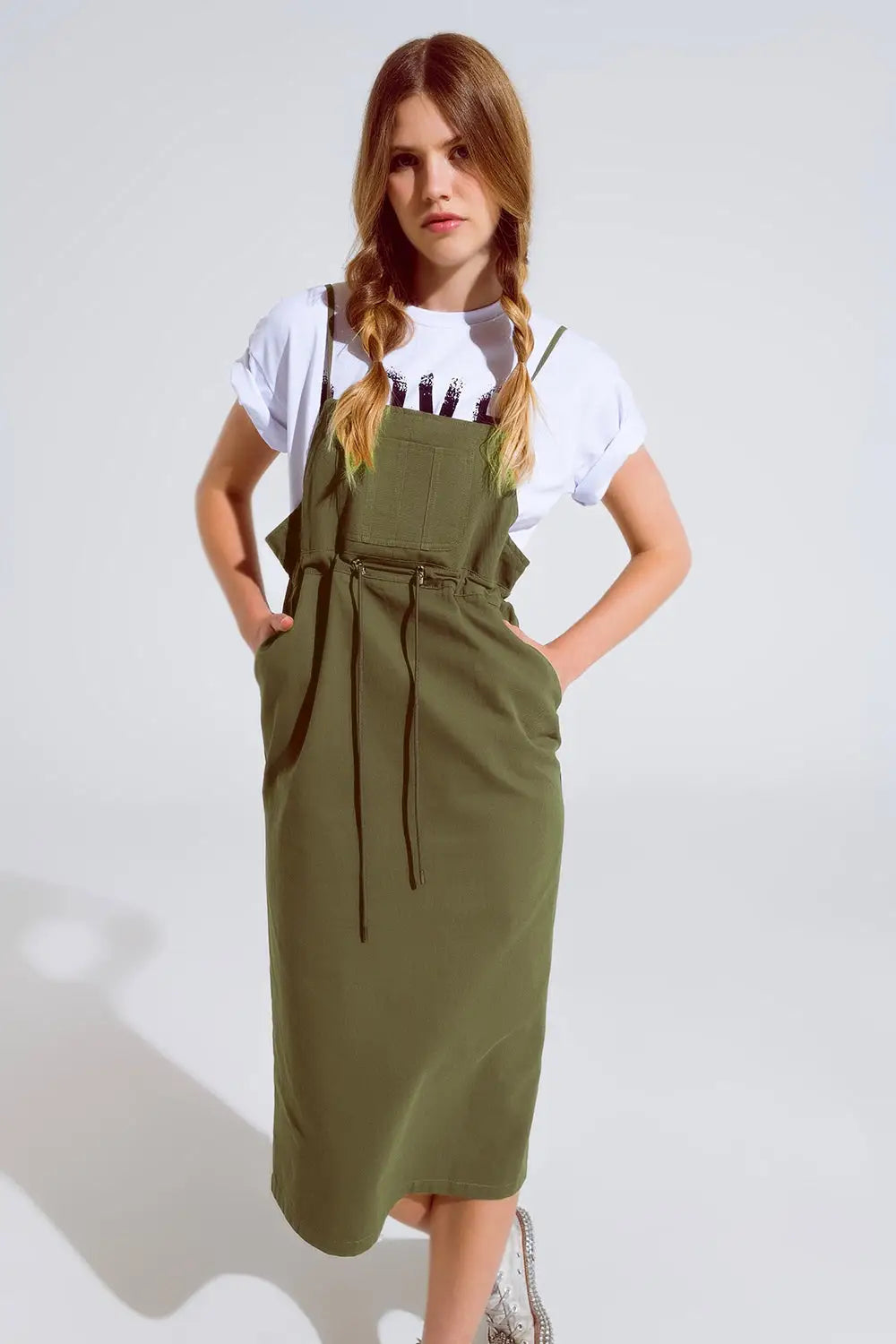 Khaki Denim Overall Dress With Chest Pocket and Drawstring Waist - Dresses
