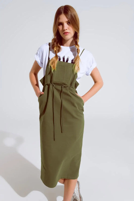 Khaki Denim Overall Dress With Chest Pocket and Drawstring Waist - Dresses