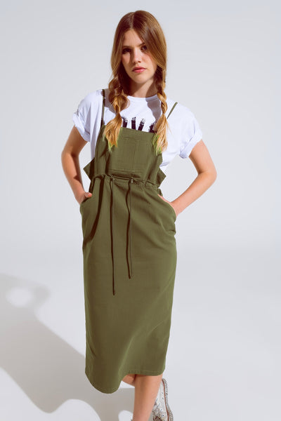 Khaki Denim Overall Dress With Chest Pocket and Drawstring Waist