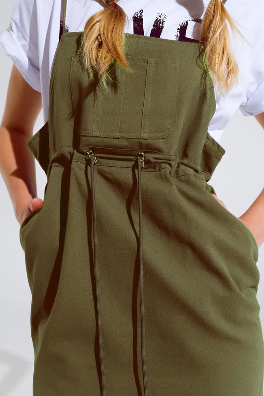Khaki Denim Overall Dress With Chest Pocket and Drawstring Waist - Dresses