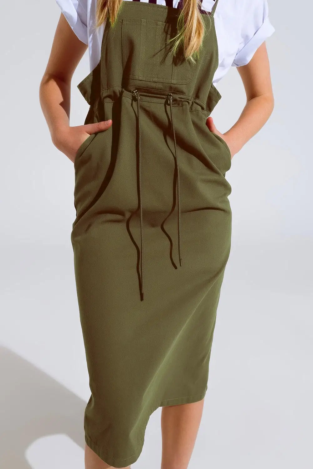 Khaki Denim Overall Dress With Chest Pocket and Drawstring Waist - Dresses