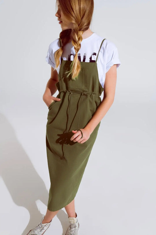Khaki Denim Overall Dress With Chest Pocket and Drawstring Waist - Dresses