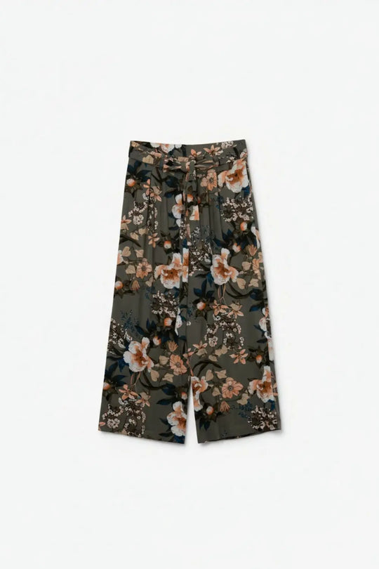 Khaki Floral Print Wide-Leg Pants - One Size / Green - Pants