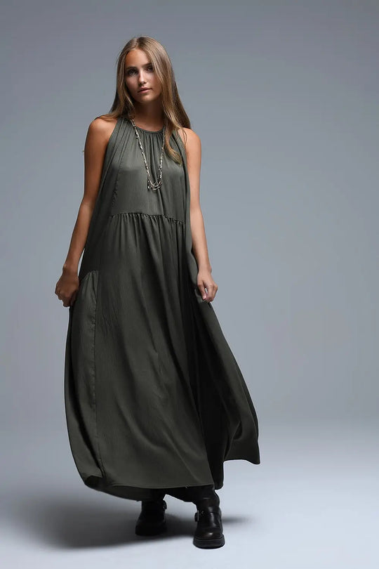 Khaki Halter Neck Maxi Dress With Seam Detailing - Dresses