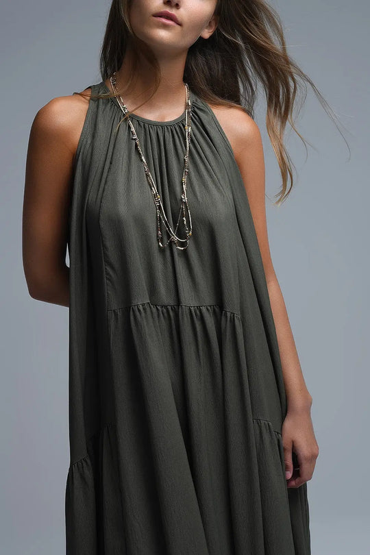 Khaki Halter Neck Maxi Dress With Seam Detailing - Dresses