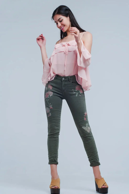 Khaki jeans with embroidered flower - Jeans