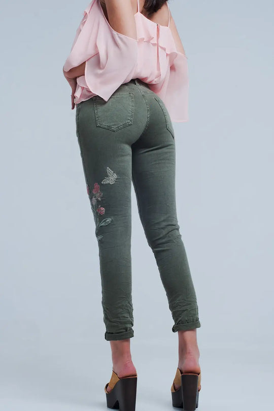 Khaki jeans with embroidered flower - Jeans