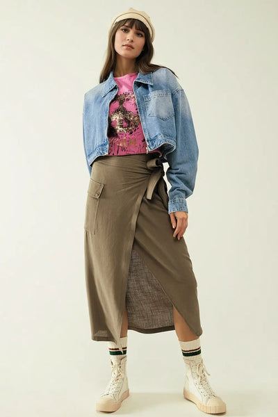 Khaki mid-length skirt with one pocket and a lace detail - Skirts