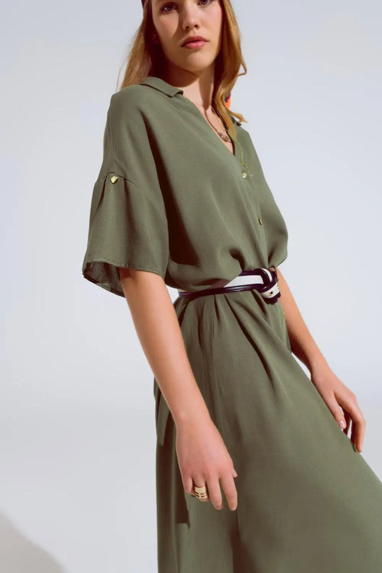 Khaki Midi Button Down Dress With Short Sleeves and Matching Belt - One Size / Green - Dresses